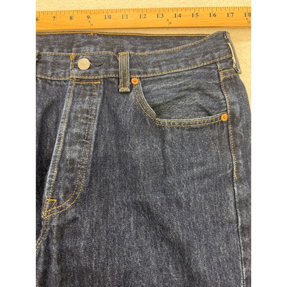 Levis 501 Jeans Mens 34x32 Blue Distressed Denim Straight Leg Button Fly - Picture 5 of 11